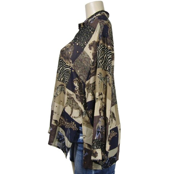 VTG SILK Safari BOHO M Africa Animal Print Button Front Novelty Top Retro Brown - Picture 4 of 10